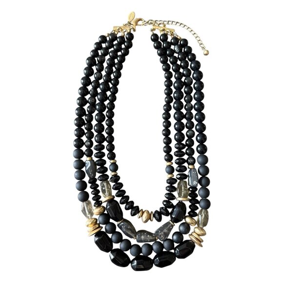 Chicos Statement Multi-Strand Beaded Necklace Black Gold Adjustable Length - Picture 9 of 9